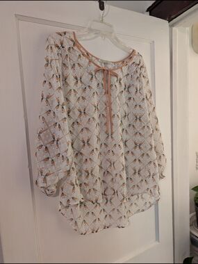 Daniel Rainn Semi Sheer White Blouse with Peach Trim and Bird Print XL